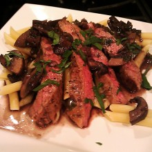 Grilled Steak with Portobello Mushroom Red Wine Reduction and Pasta
